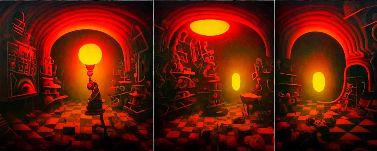 Image similar to hedonic treadmill, dark uncanny surreal painting by ronny khalil, shaun tan, and kandinsky, dramatic lighting from fire glow, mouth of hell, ixions wheel