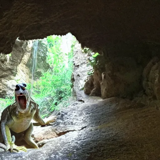 Image similar to photo inside a cavern of a scary wet lizard humanoid partially hidden behind a rock watching a tourist