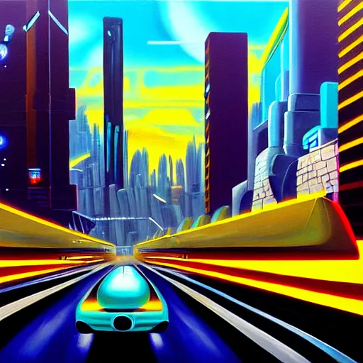 Image similar to flying futuristic taxis in cyberpunk city, oil painting