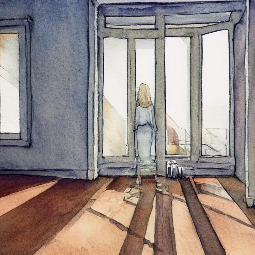 Image similar to person in pyjamas standing near window, sun rays, daylight, big french door window, big spatious room, 2 4 mm, wooden floor, modern, pastel palette, winter sun, photorealistic, high ceiling, watercolor painting