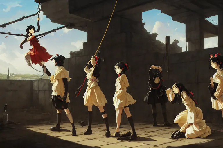 Image similar to baroque oil painting of key visual environment concept art of anime maids executing a war criminal by public hanging, brutalist, dark fantasy, rule of thirds golden ratio, fake detail, trending pixiv fanbox, acrylic palette knife, style of makoto shinkai studio ghibli genshin impact james gilleard greg rutkowski chiho aoshima