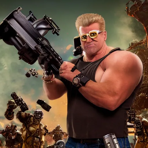 Prompt: UHD candid photo of Duke Nukem holding a Gatling gun in a crowded theater, accurate faces, UHD, photorealistic, correct face, photo by Annie Leibowitz