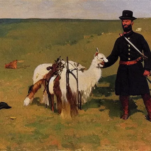 Prompt: oil painting by winslow homer of a civil war soldier and a llama.