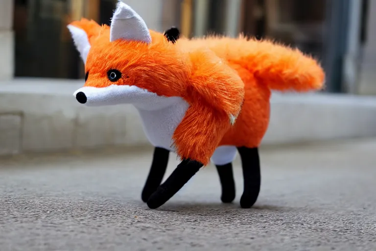 Prompt: A fabric stuffed animal toy fox plushie sitting on the sidewalk and wagging its tail very rapidly, dynamic, motion blur, 1/4 shutter speed, award winning photography