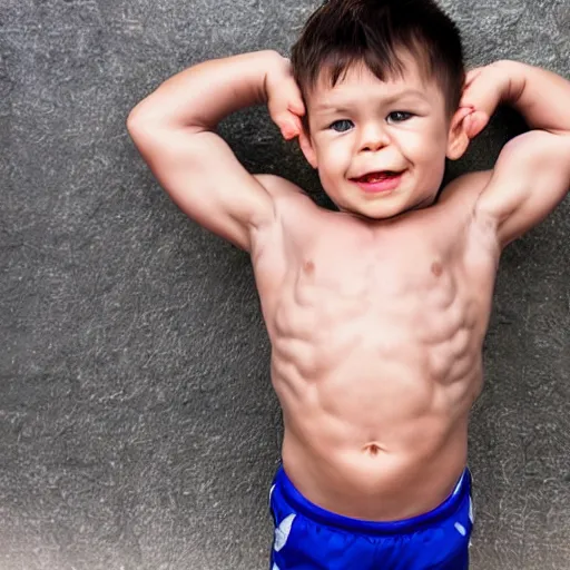 Image similar to huge muscles bodybuilder toddler, 2 years old, barrel chested, rippling muscles, huge veins, bulging muscles, ripped, award winning photography, high detail