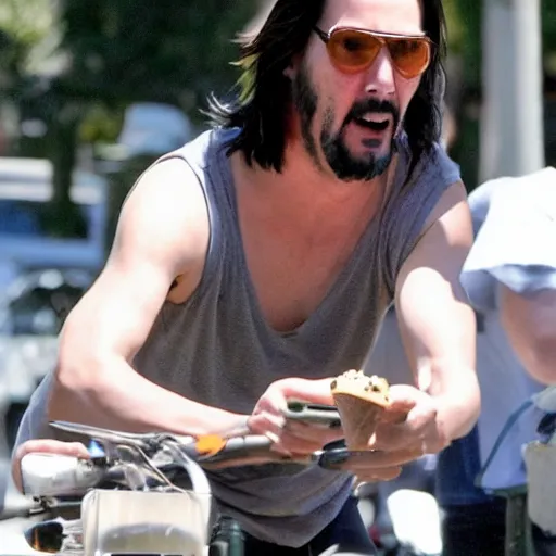Prompt: Keanu Reeves eating three scoop ice cream cone on a bicycle