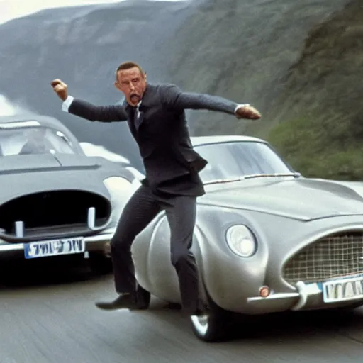 Image similar to man chased by a flying car, still of James bond movie