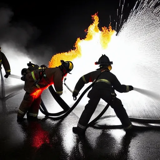 Prompt: firefighters in infrared reflective suits spraying burning flames from flamethrowers, government public domain photograph