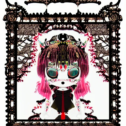 Image similar to baroque bedazzled gothic royalty frames surrounding a pixelsort emo demonic horrorcore japanese yokai doll, low quality sharpened graphics, remastered chromatic aberration