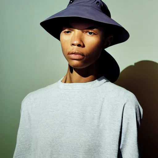 Prompt: realistic photoshooting for a new issey miyake lookbook, color film photography, portrait of a beautiful woman, model is wearing a bucket hat, photo in style of tyler mitchell, 3 5 mm,