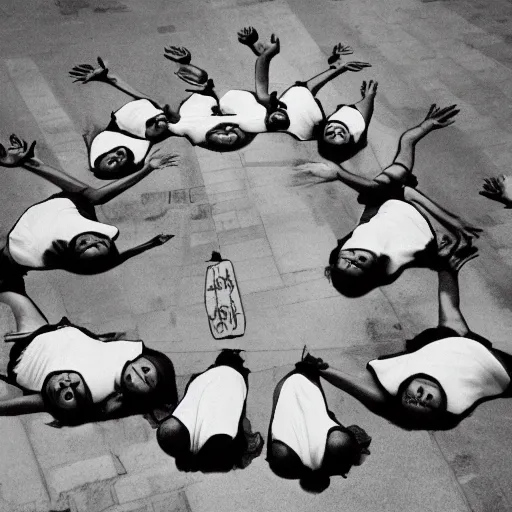 Image similar to black and white, award winning photo, levitating twin nuns each having 6 arms, wearing swimsuit, pentgram necklace, a guillotine is depicted, the nuns have Very long arms, in a sanctuary, eerie, frightening —width 1024 —height 1024