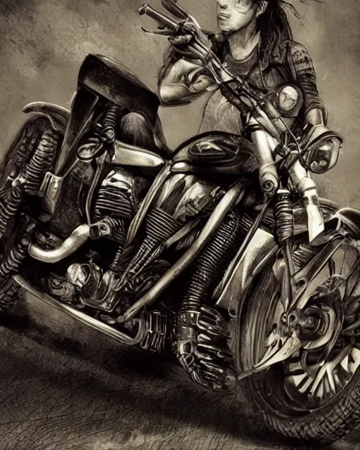 Image similar to a motorbike in sons of anarchy tv show, D&D style , highly detailed, digital art, trending on artstation, smooth, sharp focus, illustration, art by artgem and ROBERT HYNES