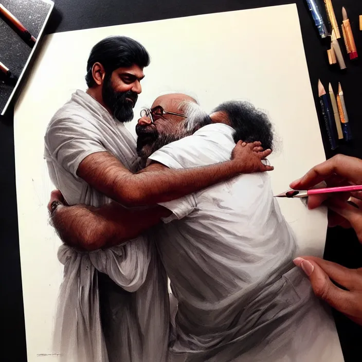 Image similar to portrait of tall indian man hugging danny devito, elegant, real life skin, intricate artwork, high detailed, artstation, concept art, smooth, sharp focus, art by artgerm and greg rutkowski