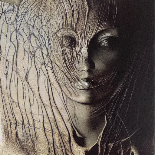 Image similar to the queen of the sun by zdzislaw beksinski and h. r. giger, oil on canvas