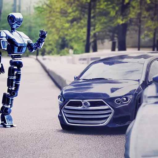 Prompt: a humanoid robot pushing a car, photorealistic, ultra realistic, hyper real, photo real,