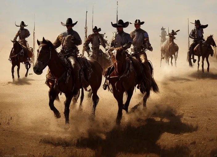 Prompt: cinematic wide shot of hundreds of cowboy outriders on horseback wearing suits of armor and cowboy hats riding into battle against the enemy, by Greg Rutkowski, 4k, masterpiece