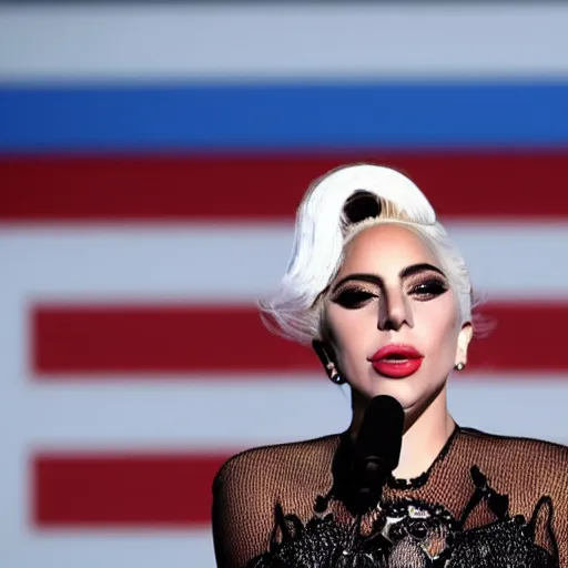 Image similar to Lady Gaga with detailed face as president, Argentina presidential rally, Argentine flags behind, bokeh, giving a speech, Argentina