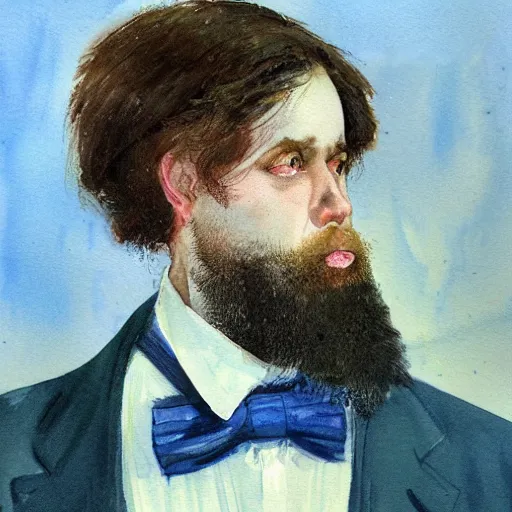 Image similar to Portrait of a handsome man with mutton chops. wearing a suit. colorful necktie, pale white face, long messy hair, ((red)) baggy eyes, tired face, watercolor, brushstrokes, high detail, artstation, background yellow and blue, medium detail, by Ilya Repin