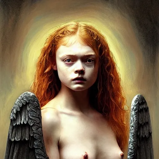 Prompt: sadie sink as an ripped muscular devil standing in the front of gates of hell. angel is draped with bones. digital painting. art station. mood lighting. skindness, symetrical, highly detailed, concept art, intricate, sharp focus, einar jonsson and bouguereau - h 1 2 0 0