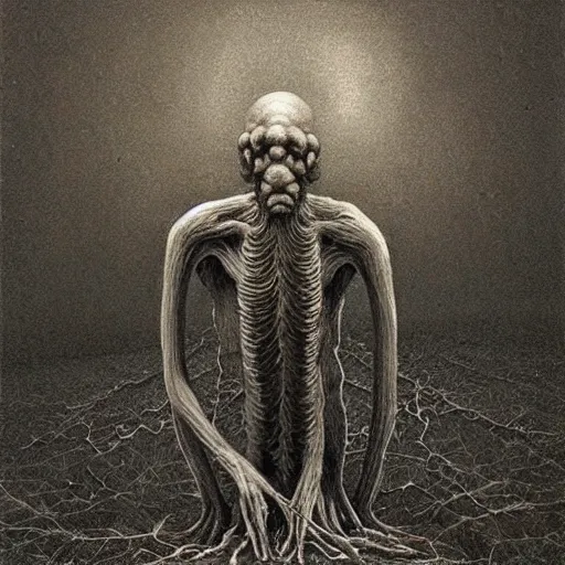 Image similar to squidward beksinski, spine chilling eldritch, terrifying, creepy creature, horror spooky