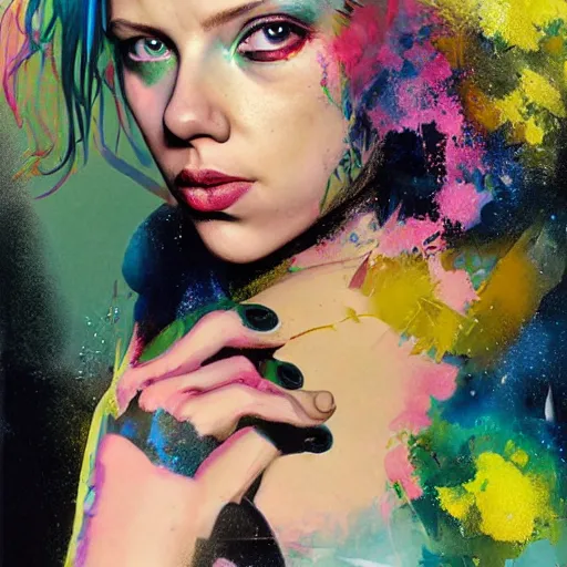 Prompt: drunken scarlett johansson as delirium from sandman, one green eye and one blue eye, hallucinating colorful soap bubbles, by jeremy mann, by sandra chevrier, by dave mckean and richard avedon and maciej kuciara, 1 9 8 0's, punk rock, tank girl, high detailed, 8 k