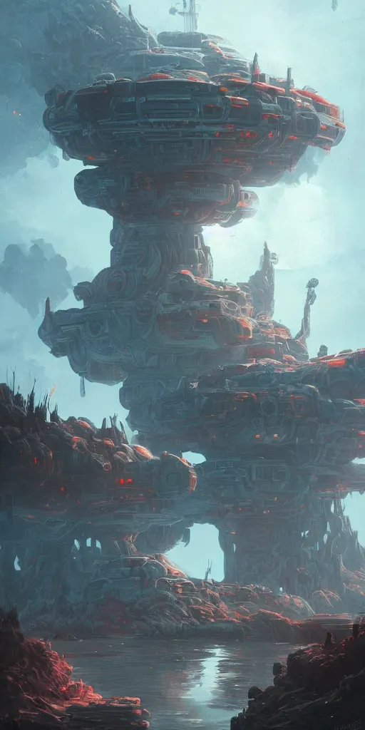 Prompt: Detailed exterior of the enemy moon base, red rising planet, stunning atmosphere, in Style of Peter Mohrbacher, cinematic lighting