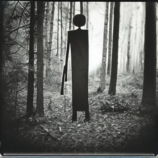 Prompt: Slenderman in the woods, old polaroid photography, grainy film, black and white