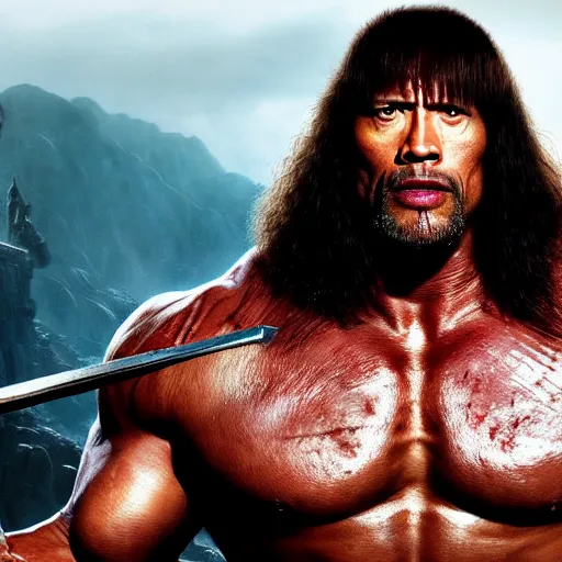 Prompt: Dwayne Johnson as Conan the Barbarian, 4k, artstation, cgsociety, award-winning, masterpiece, stunning, beautiful, glorious, powerful, fantasy art