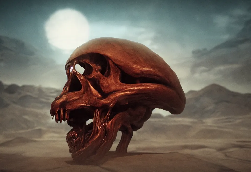 Image similar to eldritch animal alien skull in a dessert in mars, cinematic lighting, octane tender, volumetric light, dark - art