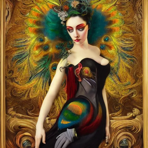 Prompt: dynamic composition, a painting of a woman with green eyes and hair made of peacock plummage, a surrealist painting with ornate background by Tom Bagshaw and Jacek Yerga and Tamara de Lempicka, featured on cgsociety, pop surrealism, surrealist, wiccan, pre-raphaelite, ornate gilded details