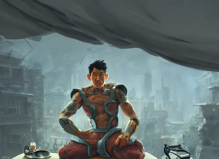 Image similar to an insanely detailed painting of an asian man wearing a homemade superhero costume, sitting at a desk, staring seriously at the computer and typing, in the style of peter mohrbacher, james jean, dramatic lighting and composition, surreal background, octane render, pixar, trending on artstation, concept art, comic book, view from behind, 8 k