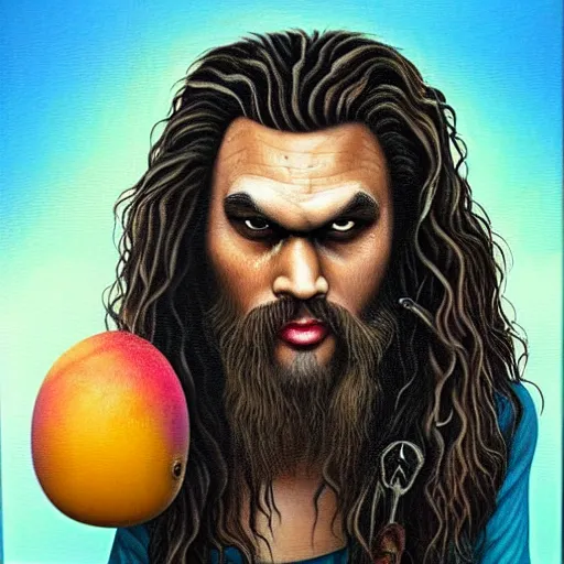 Prompt: jason momoa as a mango, lowbrow painting by mark ryden