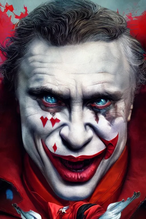 Image similar to vladimir putin as a joker, realistic, high definition, 4 k, shimmering color, hyper detailed, art of greg rutkowski and magali villeneuve and artgerm