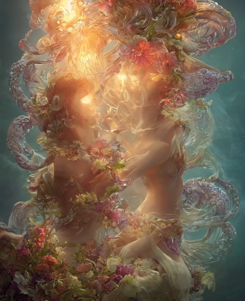 Prompt: a beautiful goddess surounded with jellyfish phoenix and bird and giant orchid, flower and giant gladiola. midsommar style, intricate, elegant, surrounded by smoke and water energy flow. translucent nautilus, beauty face, highly detailed. intricate, octane render, by wlop, tooth wu, greg rutkowski, alena aenami, alphonse mucha