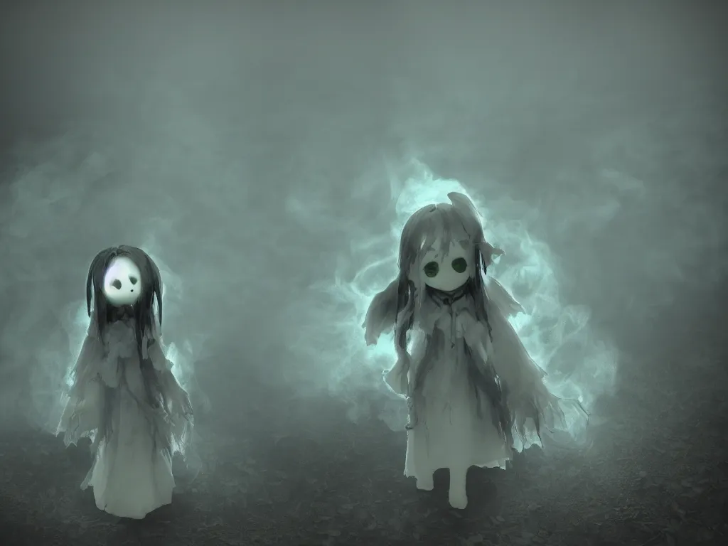 Image similar to cute fumo plush girl ghost in the haze of the murky river, smoke and volumetric fog, tattered gothic horror maiden, fallen angel, green lens flare, light shafts, light and shadow, vray