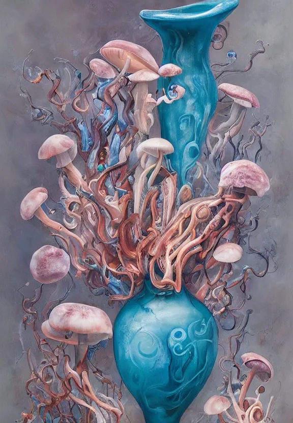 Image similar to a biomorphic painting of a vase with flowers and eyeballs in it, a surrealist painting by marco mazzoni, by dorothea tanning, pastel blues and pinks, blue oyster mushrooms, featured on artstation, metaphysical painting, oil on canvas, fluid acrylic pour art, airbrush art, seapunk, rococo, lovecraftian