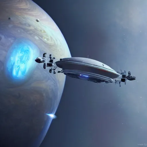 Image similar to a beautiful matte painting, sci - fi concept art of greebled alien space craft with two nacelles hovering over jupiter cloud deck in orbit, trending on artstation, featured on cgsociety