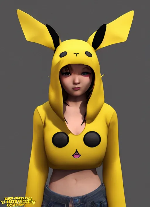 Image similar to vrchat, secondlife, imvu, 3 d model of a girl in a pikachu hoodie, hq render, detailed textures, artstationhd, booth. pm, highly detailed attributes and atmosphere, dim volumetric cinematic lighting, hd, unity unreal engine