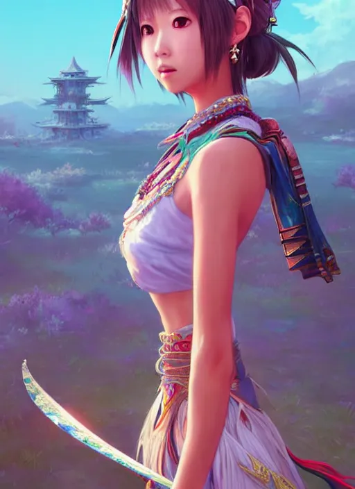 Prompt: beautiful portrait of yuna from final fantasy x, momo from twice the style of wlop, artgerm, yasutomo oka, yuumei, rendered in unreal engine, surrounded by epic ruins landscape by simon stalenhag, digital art dynamic dramatic lighting, imagine fx, artstation, cgsociety, by bandai namco artist,