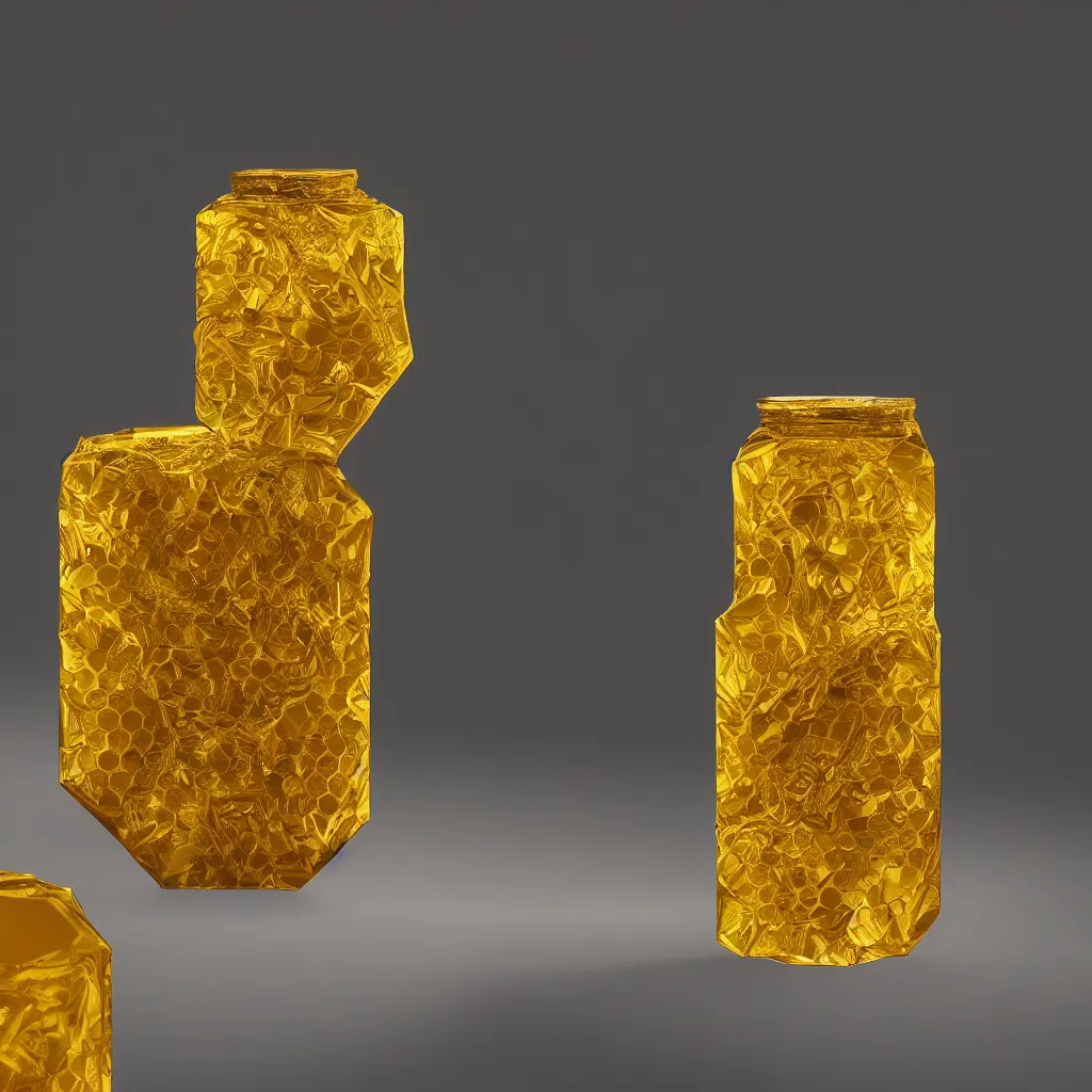 Prompt: hexagonal basalt inspired honey jar, golden glistening, light bloom, octane render, product photography, studio photography, sharp high contrast