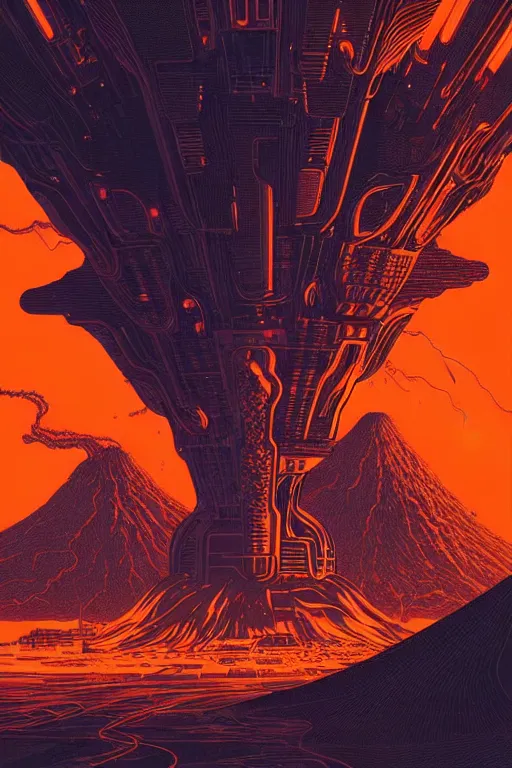 Prompt: artwork by kilian eng and toshi yoshida and moebius showing a futuristic powerstation!! in front of a ( ( exploding volcano ) ), vintage scifi, high details, dramatic lightning,, 8 k