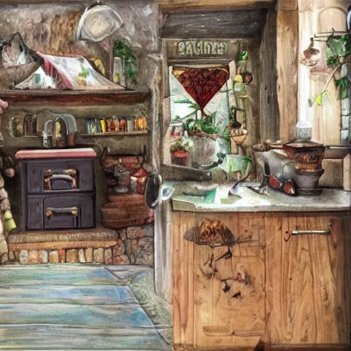 Image similar to a cottage witch's kitchen