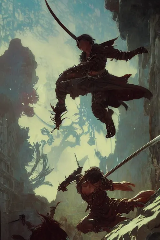 Prompt: An epic fight moment between a demon slayer with female skilled samourai in style of by gaston bussiere, and craig mullins and greg rutkowski and alphonse mucha, awesomenes , concept art world,