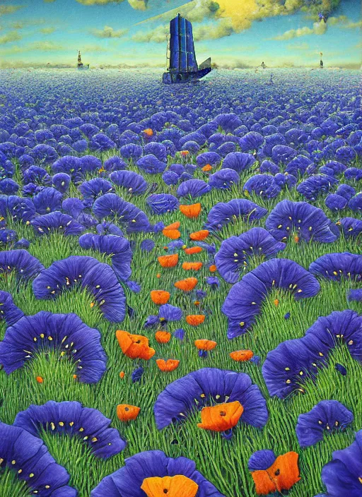 Image similar to detailed, intricate blue black and purple papaverum flower on the field, nebula, galaxy in the sky, winning award masterpiece, fantastically beautiful, illustration, aestheticly inspired, jacek yerka, upscale with anguissola sofonisba work, artstation, 8 k