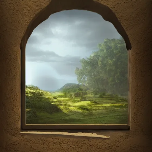 Prompt: a pre historic landscape seen through a window, digital art, trending on artstation