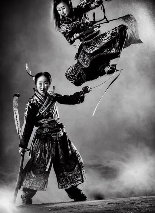 Image similar to old vintage photo of Chinese ancient warrior female team on the complex steam punk hooverboard, extreme sports photography , dynamic photography,clean symmetrical faces, high speed,dirt and grawel flying in the spot, lens flares, dust in the air, dramatic lighting, intricate, highly detailed, centered, smooth, sharp focus, sports photography, old photo, black and white, sepia, cinematic lighting, cinematic angle, national geographic