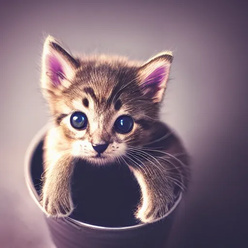 Prompt: beautiful cuddly kitten inside a cup, photo studio, professional photo, professional lighting, sunlight, trending on instagram, hdr, 8 k