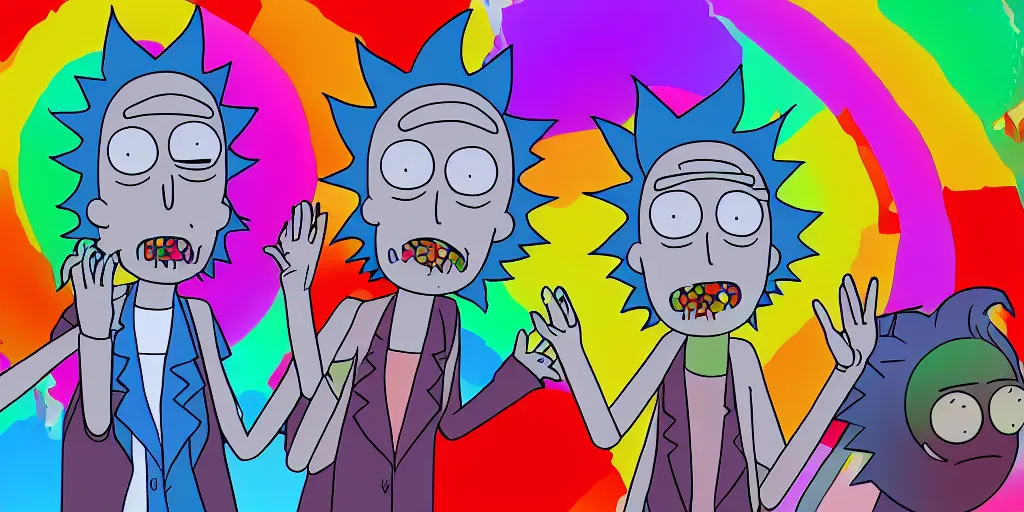 Image similar to rainbow cry, style of rick and morty