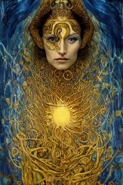 Image similar to Intermittent Chance of Chaos Muse by Karol Bak, Jean Deville, Gustav Klimt, and Vincent Van Gogh, beautiful inspiring portrait, enigma, Loki's Pet Project, destiny, Poe's Angel, fate, Surreality, inspiration, muse, otherworldly, fractal structures, arcane, ornate gilded medieval icon, third eye, spirals