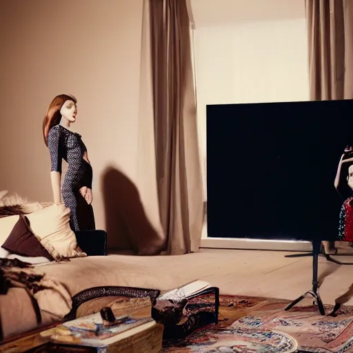 Image similar to medium format photograph of a surreal fashion shoot in the living room of a house with the tv on, camera flash